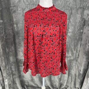 Ann Taylor NWT Smocked Mock Neck Floral Print Red Black Long Sleeve Blouse Top S